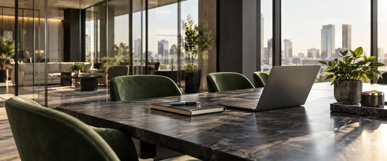 AI-generated professional workspace with a glass meeting room and green chairs.