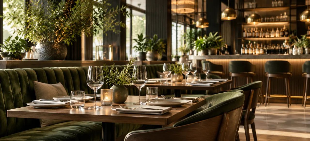 AI-generated restaurant interior with olive seating, warm wood and a softly lit bar.