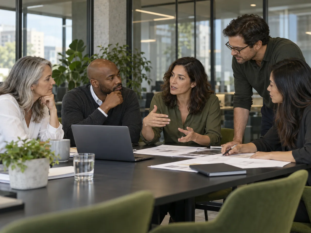 AI-generated illustration of professional colleagues collaborating around a meeting table.