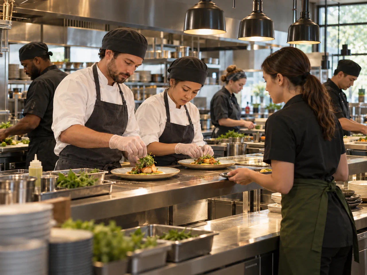 AI-generated illustration of chefs and restaurant staff preparing dishes and coordinating service in a professional kitchen.